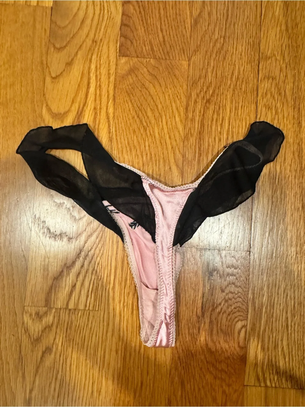 Sophie B Pink Satiny Black Mesh Ruffles Thong Bottoms Underwear Small 5 XS